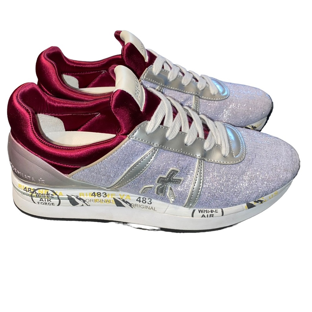 Premiata Liz Lurex Red Maroon Sliver Satin White Leather Shoes Sneakers Size 39